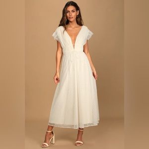 Lulu’s Yours Evermore Cream Swiss Dot Ruffled Midi Dress XS